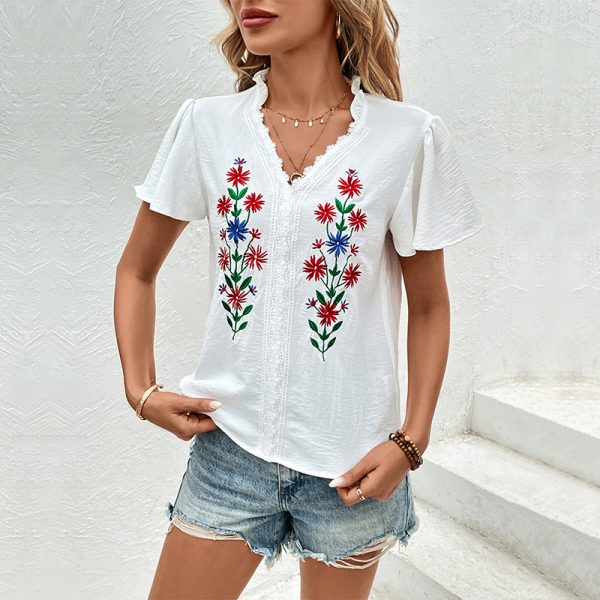 Women's Clothing Summer 2024 White V-Neck Lace Trim Short Sleeve Fashion Embroidered Shirt - Image 2
