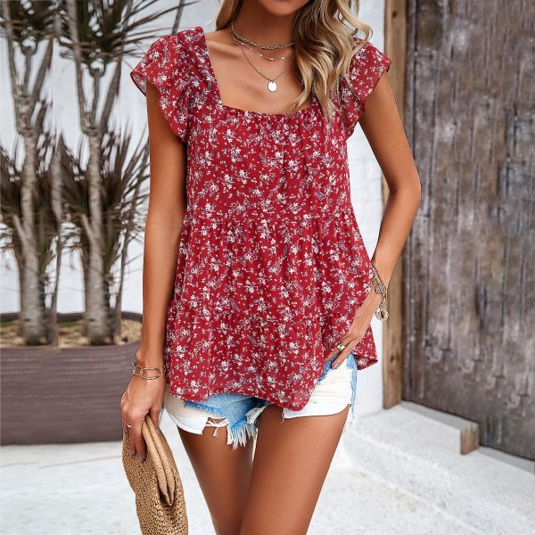 Summer Women's Floral Square Neck Top Fashionable Elegant Chiffon Breathable Ruffled Short Sleeve Pullover Blouse - Image 3