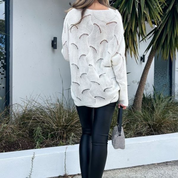 Autumn Floral Lace Patchwork Pullover V-neck Hollow Out White Casual Sweater - Image 3