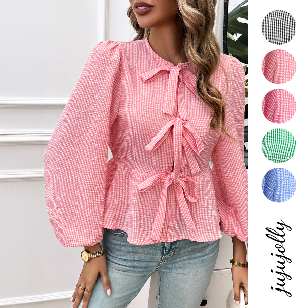 2024 Autumn Winter Women's Casual Shirt with Ruffle Trim Tie Bubble Sleeves Loose Long Sleeve Blouse for Women