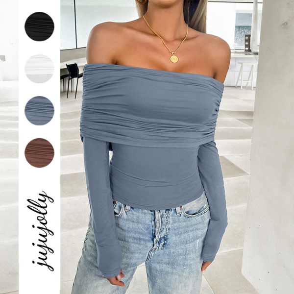 Chic and Sexy Chic and Sexy Spring/Summer Casual Solid Color Pleated Off-Shoulder Top