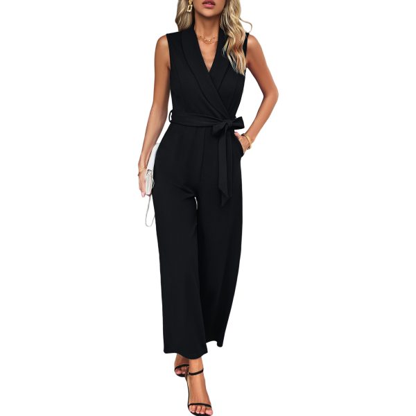Summer Fashion Commuter Solid Color V-Neck Tie-Waist Sleeveless Women's Jumpsuit