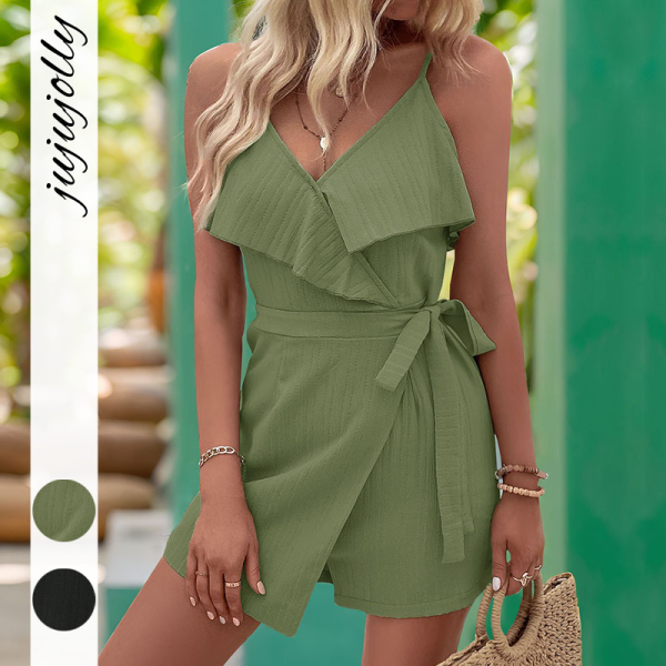 Summer Fashion Ropa Dama Textured Solid Color Ruffle Hem Camisole Top Romper