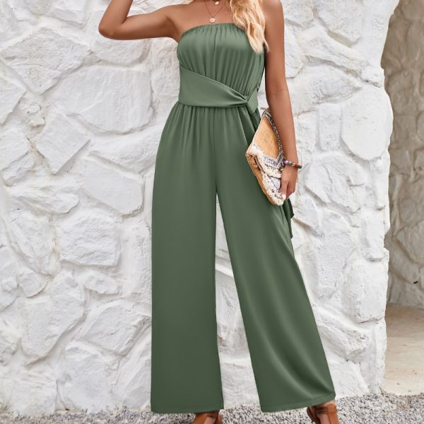 Minimalist Vacation Style Solid Color Strapless Waist-Tie Slim Jumpsuit Fashionable Sexy Off-Shoulder Women's Wide-Leg Jumpsuit - Image 3