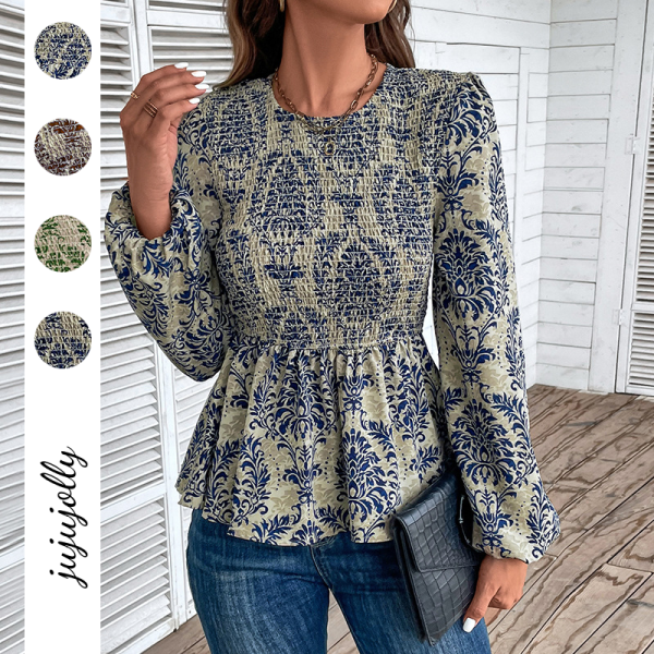 Women's Elegant Floral Geometric Print Fitted Long Sleeve Shirt Casual Summer Fashion Ruched Decoration