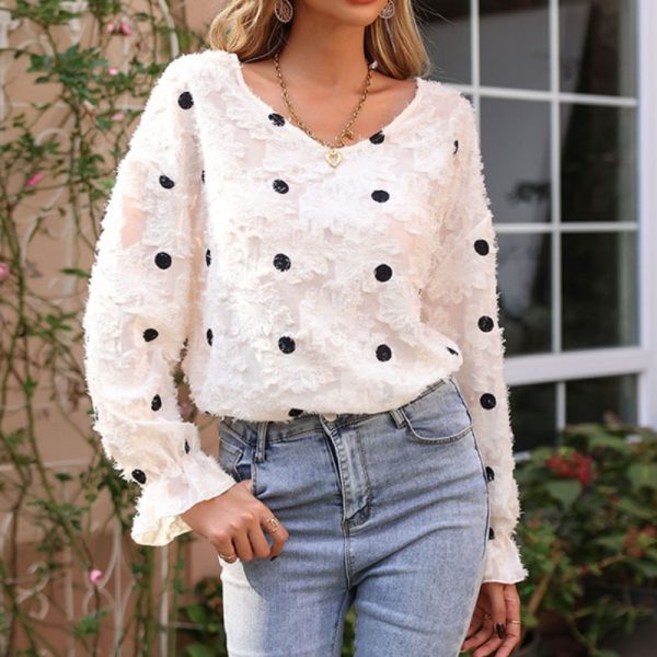 Autumn Ladies Tops Latest Design Fashionable White Long Sleeve V-Neck Polka Dot Spliced Blouse - Image 2