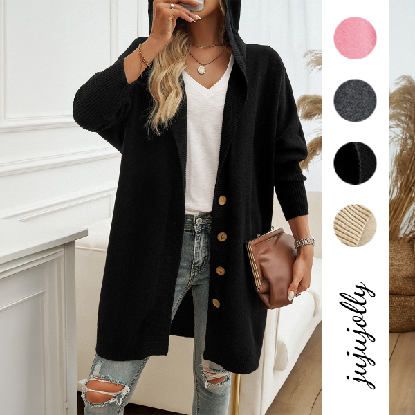Casual Leisure Loose Cardigan for Women Breathable Hooded Sweater Coat with Button Closure and Decoration