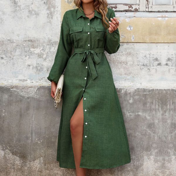 Women Clothes 2024 Autumn Fashion Green Turn-Down Collar Tie Waist Long Sleeve Midi Dress