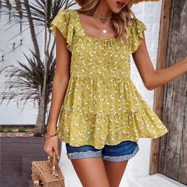 Summer Women's Floral Square Neck Top Fashionable Elegant Chiffon Breathable Ruffled Short Sleeve Pullover Blouse - Image 5
