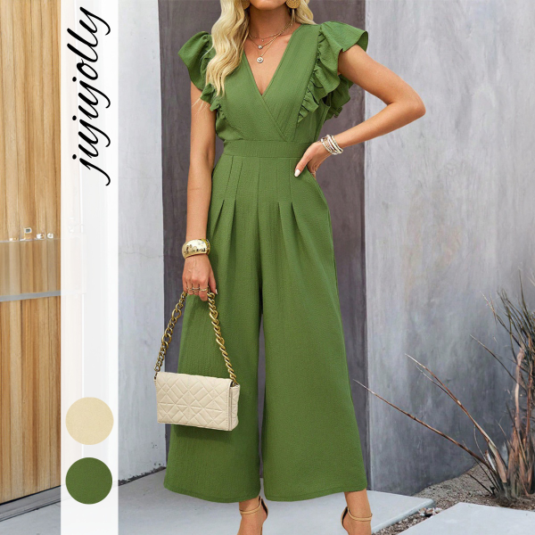 Summer Fashion Women Jumpsuit Elegant Solid Color V-Neck Pleated Top with Wide-Leg Pants