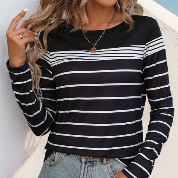 Slim Fit Crew Neck Casual Long Black and White Striped Sleeve T-shirt - Image 3