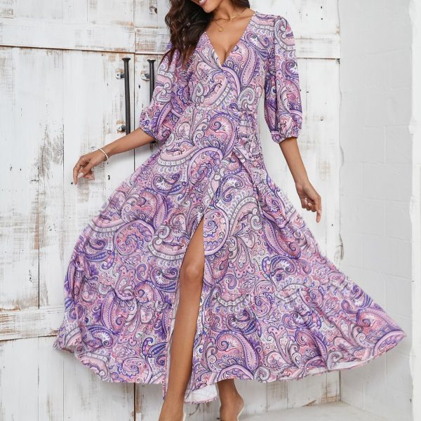 Summer New Arrival 2024 Elegant Floral V-Neck Puff Sleeve Vacation Tie-Waist Dress - Image 2