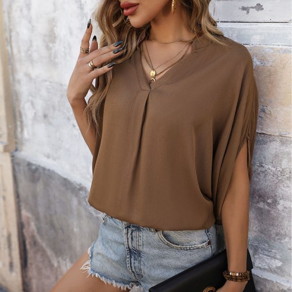 Blusas Para mujer Summer Women's Fashion Solid Color Batwing Sleeve V-Neck Short Sleeve Shirt - Image 3