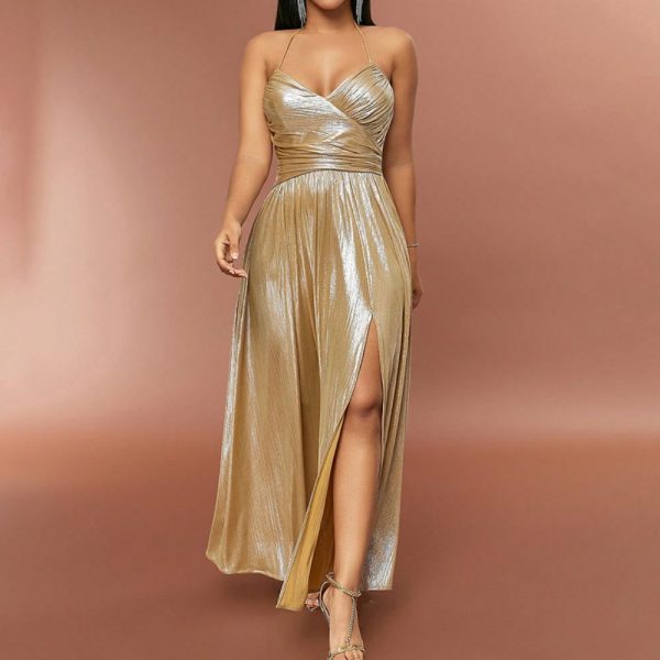 Sexy Vintage Solid Color Ruched Split Hem Full Skirt Spaghetti Strap Gowns for Women - Image 2