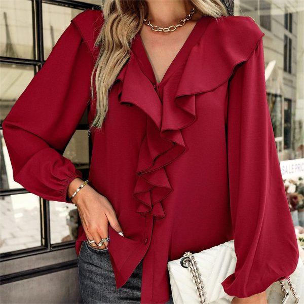 Elegant Commuter Long Sleeve Comfortable Wrinkle Lotus Leaf Hem Shirt Four Seasons Top for Women - Image 3