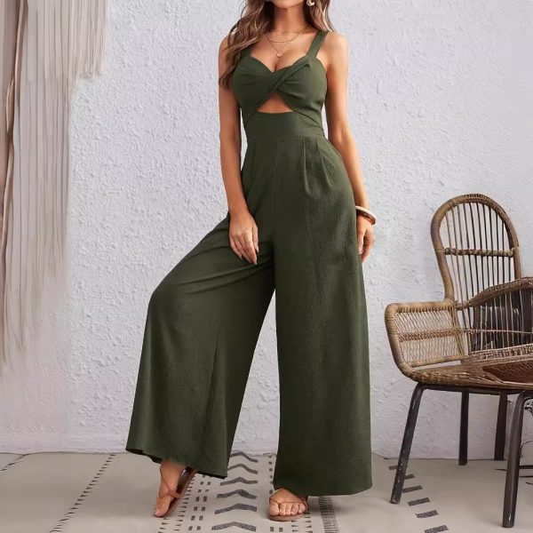 2024 Women's Jumpsuit Sexy Solid Color Hollow Out Spaghetti Strap Wide Leg Jumpsuit - Image 2