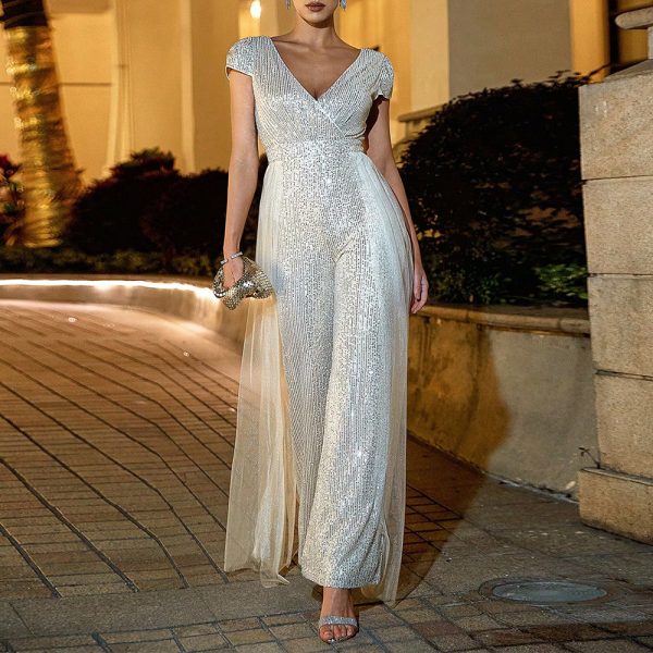 Women's Fashion Party Jumpsuit Elegant Sexy Sequin Deep V-Neck Slim Fit Spliced Jumpsuit