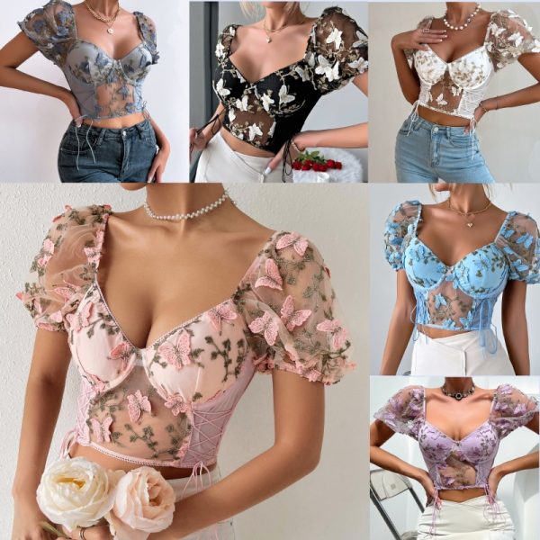 New Summer Style Sexy Open Back Mesh Embroidery Short Sleeve Fashion Waist-Cinched Square Neck Women's Top - Image 2