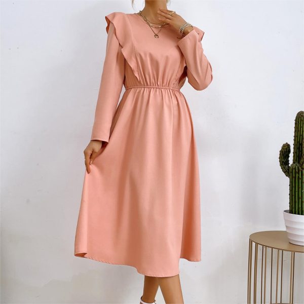 INS Elegant Slim Fit U-Neck Dress Autumn Winter Flared Waist Cinched Dress with Ruffles and Ruched Decoration - Image 2