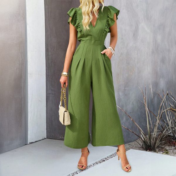 Summer Fashion Women Jumpsuit Elegant Solid Color V-Neck Pleated Top with Wide-Leg Pants - Image 3