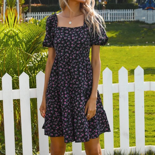 Summer Elegant Vestidos French Floral Ruffle Trim Pleated Off-Shoulder Dress - Image 3