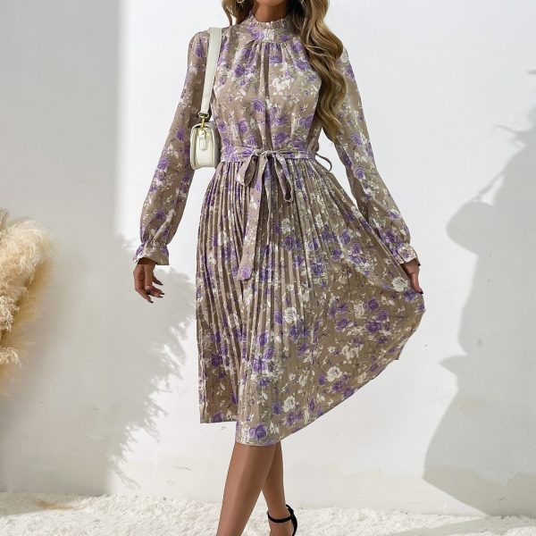 Autumn Women's Clothing 2024 Elegant Floral Print Long Sleeve Half-High Neck Tie Waist Pleated Dress - Image 2