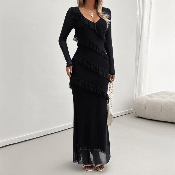 Autumn and Winter Long Sleeve Women's Dress Elegant Slim Fit Hip-Wrapped Ruffle Trim Decorated Mesh V-Neck Dress - Image 3