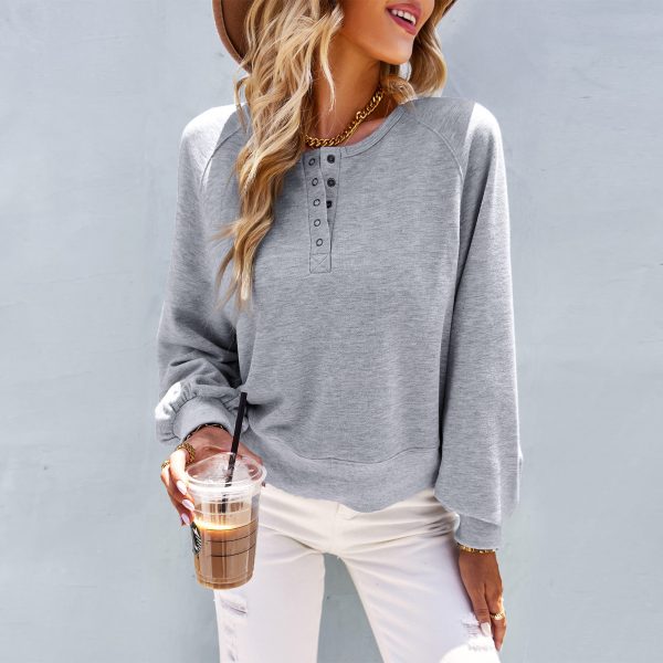 Women's Loose Casual Long Sleeve Top with Half-Open Collar and Lantern Sleeves Solid Color Blouses - Image 2