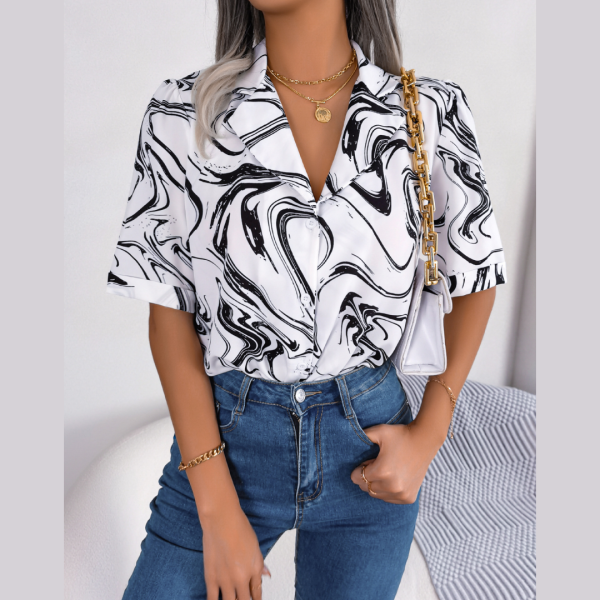Casual Turn-down Collar Color Block Printed Loose blusas para mujer Short Sleeve Shirt - Image 3