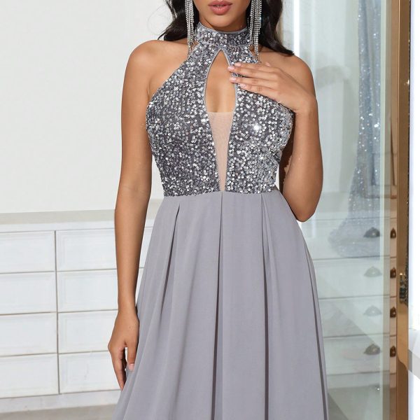 Sexy Luxurious Solid Color Halter Neck Sequin Spliced Backless Sleeveless Gowns for Women - Image 2