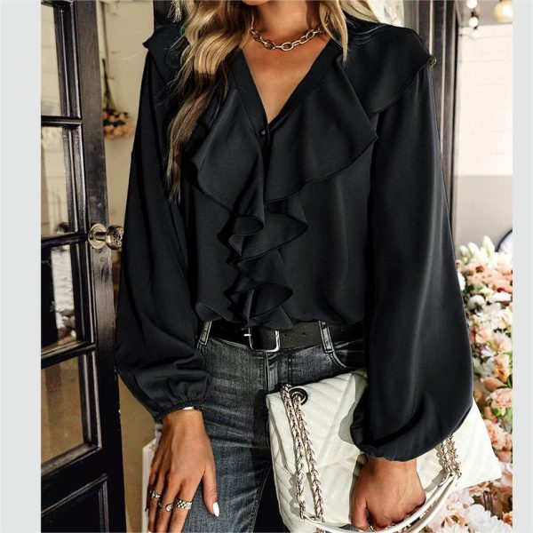 Elegant Commuter Long Sleeve Comfortable Wrinkle Lotus Leaf Hem Shirt Four Seasons Top for Women - Image 2