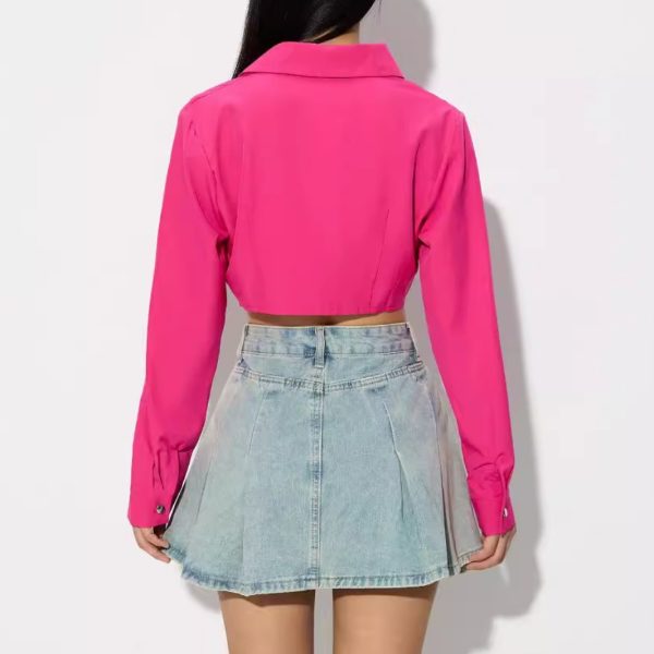Autumn Female Clothes Fashionable Solid Color Turn-Down Collar Long Sleeve Crop Shirt - Image 3