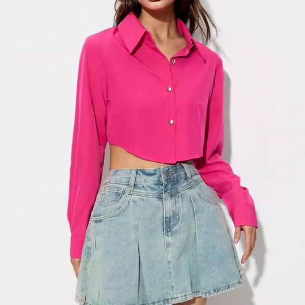 Autumn Female Clothes Fashionable Solid Color Turn-Down Collar Long Sleeve Crop Shirt - Image 2