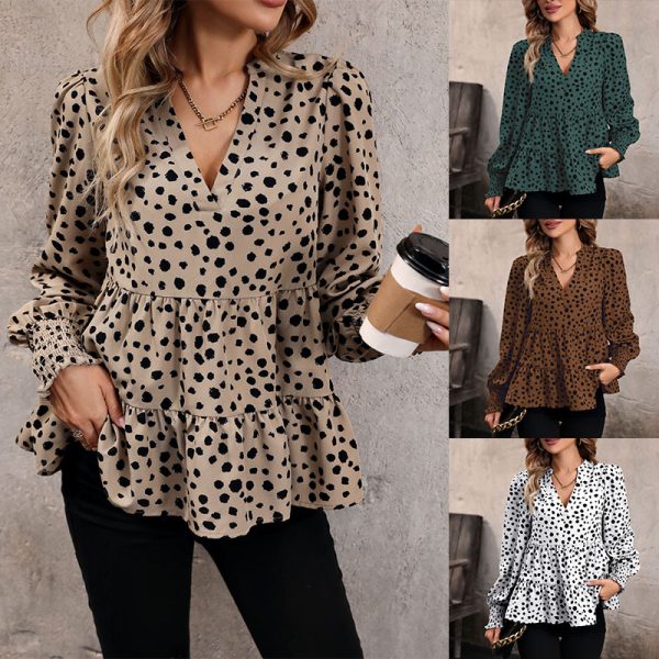 Autumn Fashion V-Neck Ruffle Leopard Print Long Sleeve Pullover blusas para mujer - Image 2