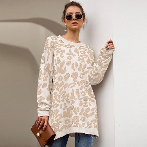 latest design lazy style leopard print women sweater pullover round neck knitted dress - Image 6