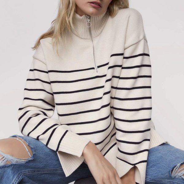 half zipper elegant stripe knitted thicken Sweaters Women oversize Pullover knitted Top