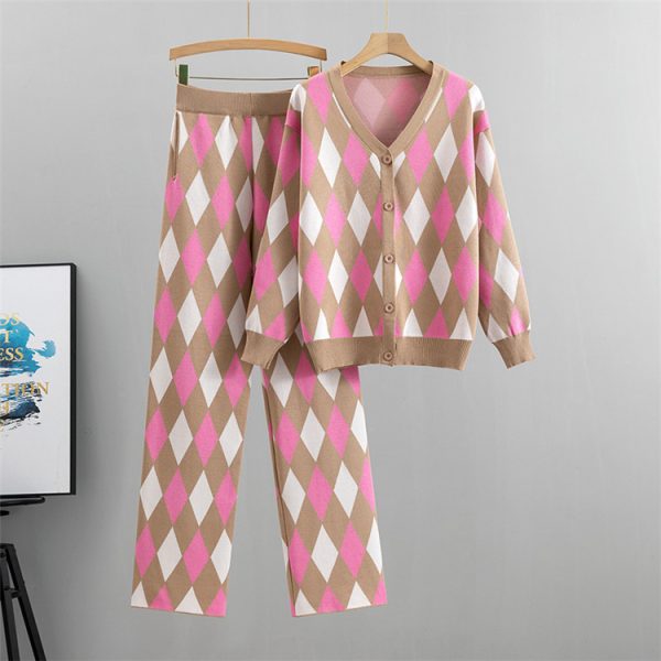 Autumn winter knit ladies casual tracksuits v neck single breasted cardigans wide leg pants Plaid two-piece set - Image 6
