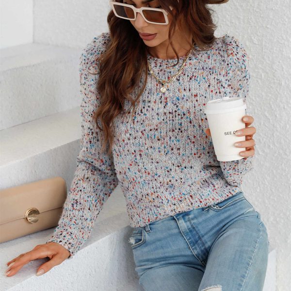 2024 Latest design slim fit pullover dot casual knitwear solid color o-neck puff sleeve women sweaters - Image 6