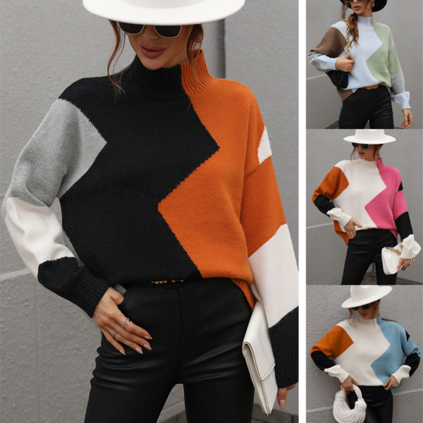 casual Knitwear high neck color blocking knitted pullover women winter loose long sleeve sweaters - Image 2