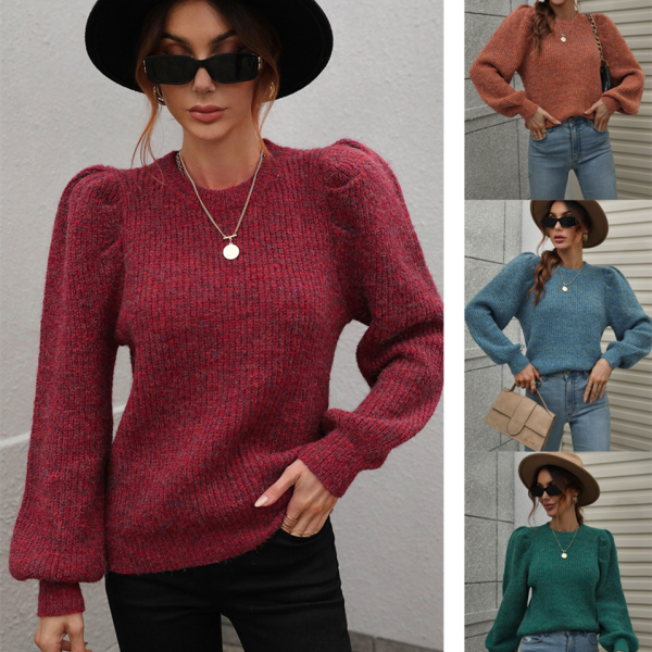 o-neck puff sleeve elegant knitwear solid color tops women knitted slim fit sweaters - Image 2