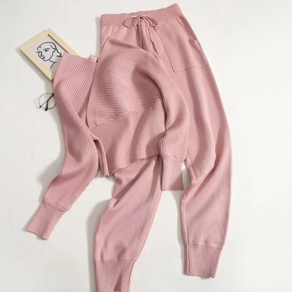 women casual loungewear long sleeve winter autumn high waist pants 2 piece knit set - Image 5