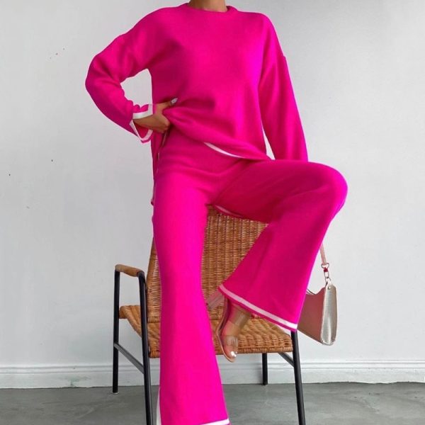 Women clothing high neck loose tops contrast color loungewear cozy knitted 2 piece cashmere sweater set - Image 4