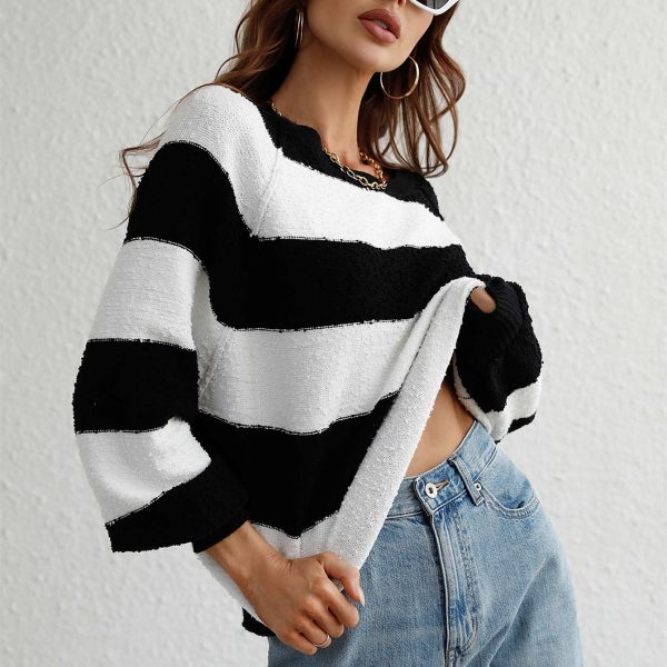 Latest design loose lantern sleeve autumn winter stripe o-neck off shoulder fashion sweaters for women