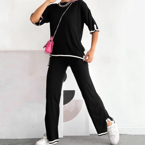 women casual knitted 2 piece matching outfits pure color o-neck loose side split sweater top knitwear - Image 3