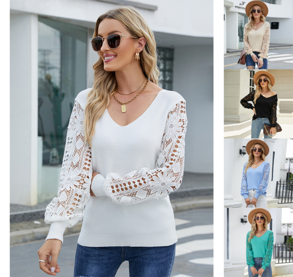 hot selling v neck long sleeve lace jumpers knitted autumn winter patchwork solid color women sweaters - Image 2