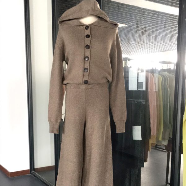 Knitwear hooded knitted single-breasted high waist pants women knit casual loose elegant jumpsuits - Image 2