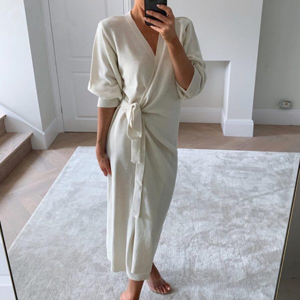 women elegant Loungewear dress v neck plush pure color lace up long length cardigans