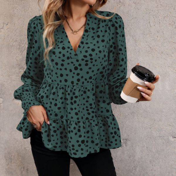 Autumn Fashion V-Neck Ruffle Leopard Print Long Sleeve Pullover blusas para mujer