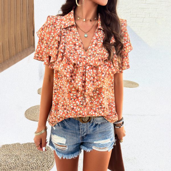 Summer Fashion Women's Elegant Floral Print Ruffle Trim V-Neck Short Sleeve Top - Image 3