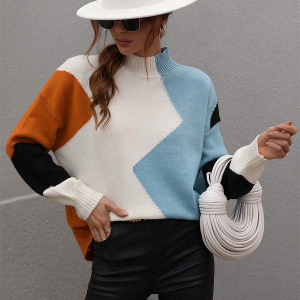 casual Knitwear high neck color blocking knitted pullover women winter loose long sleeve sweaters - Image 4